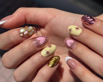 Extra Kurze Runde Nägel, Rosa Chrom Handgefertigte Presse auf den Nägeln, Muster 3D Kurze Nägel, Handgefertigte Gelnägel, Faux Ongles, Sommernägel