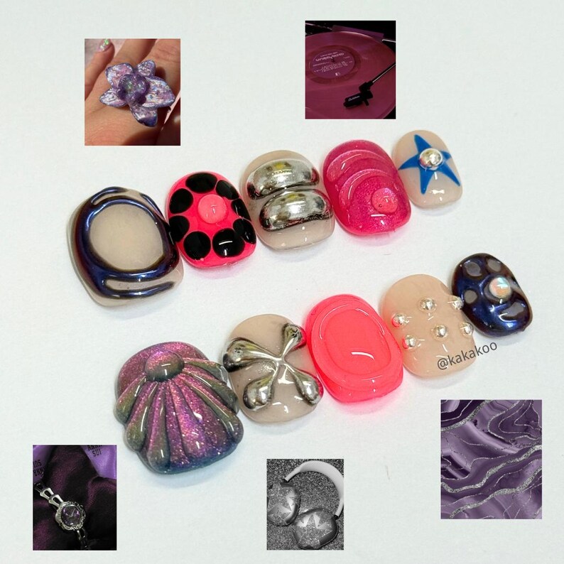 May include: A collection of artificial nails in various designs and colors. The nails feature a range of styles, including solid colors, polka dots, metallic accents, and gem embellishments. Some nails have a glossy finish, while others have a matte appearance. The image includes a ring and a watch.
