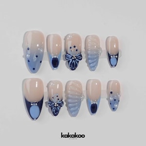 Designed Blaue Nägel | Drücken Sie auf die Nägel Mandel | Strand Press-Ons | Handbemalter Acryl Frühlings-Fake-Nagel | Mädchen Geschenk, Summer Nails |