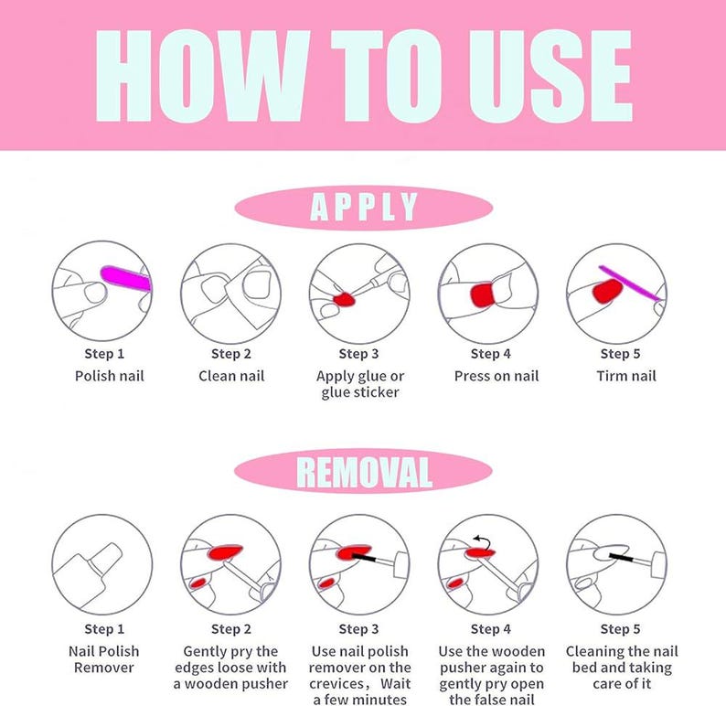 May include: Illustrated guide with pink and white text, titled "HOW TO USE", detailing the steps for applying and removing false nails. The steps include polishing, cleaning, applying glue, pressing, trimming, and using nail polish remover.