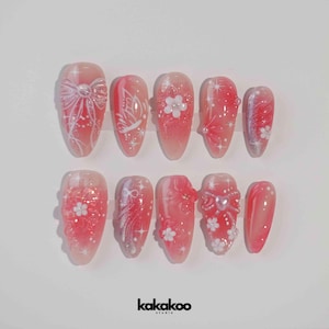 Aangepaste nagels, roze sakura-nagels, amandelnagels, dromerige 3D bloemennagels, handgeschilderde acryl lente nepnagels, meisjescadeau, acrylnagels, meisjescadeau