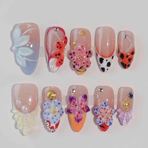 Handmade Colorful Press-On Nails – 3D Flowers and Artistic Mix Patterns, 3D Press On Nails | Artistic Nails with High Quality, girl gift