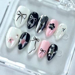 Monochrome Bow and Star Nail Art| High quality handmade press-on nails, Gift nails gel nails,  girl gift, party, birthday gift