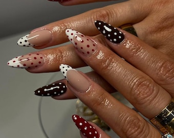 Red and White Polka Dot French Handmade Press On Nails, Handmade Gel Medium Almond Nails, Sabrina Carpenter Press-Ons, Autumn Nails