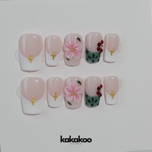 Custom Nails, Flower Nails, French Nails, Short Almond Nails, Adorable French Art, Handmade press-on nails, Girl Gift, party, birthday gift