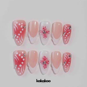Pink Flower Nails | Press On Nails Almond | Floral Press-Ons | Hand-painted Acrylic Spring Fake Nail | Girl gift, Nails, Birthday nails