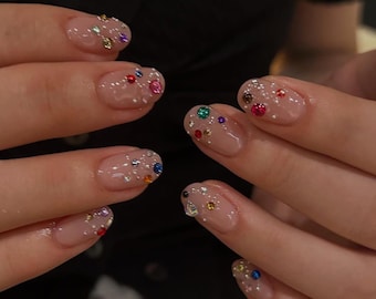 Spring Gem Press-On Nails, Extra Short Round Gel Nail Art, Handmade Short Nails, Fake Nails