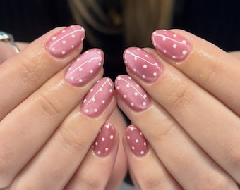 Pink Cateyes Polka Dots Custom Handmade Press-On Nails, Extra Short Round Nails, Classic Style, Wedding Nails