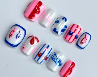 Sommer Kurze Quadratische Nägel, Blaue und Rosa Handgemachte Presse auf Nägel, Muster Kurze Nägel, Handgemachte Gelnägel, Faux Ongles, Extra Kurze Nägel
