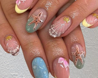 Extra Kurz Runde Sommer 3D Handgefertigte Presse auf Nägel, Handgefertigte Gelnägel, Super Kurze Nägel, 3D Muschelnägel, Sommernägel, Super Kurze Nägel