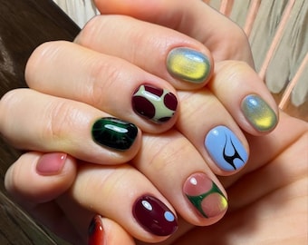 Extra Short Round Press On Nails, Colourful Summer Handmade Press On Nails, Very Short Nails, Ongle Courts, Short Nails, Extra Short Nails