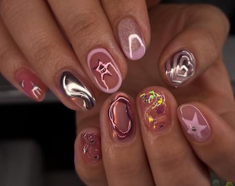 Extra Short Round Nails, Pink Chrome Handmade Press On Nails, Pattern Short Nails, Handmade Gel Nails, Girl Gift, Faux Ongles, Summer Nails