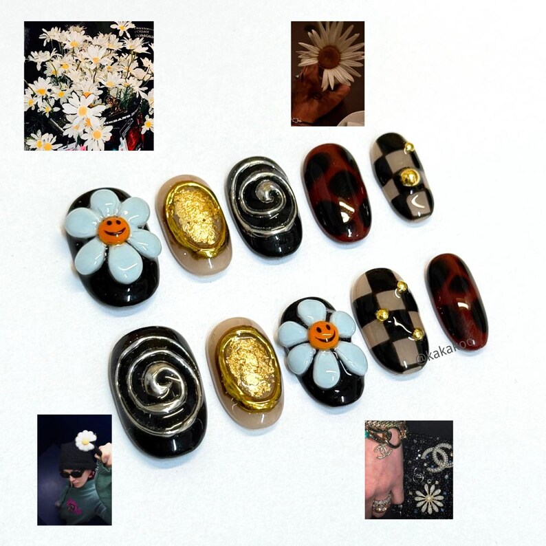 3D Flower G-Dragon Kpop Short Press On Nails, Handmade Gel Medium Round Nails, Kpop Gift, GD Nails, Kpop Nails image 6