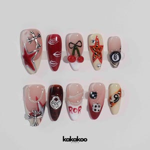 Custom Nails, Press On Nails Almond, US Style, Middle-east Style Press-Ons, Hand-painted Acrylic Fake Nails, Girl gift, Cherry Nails
