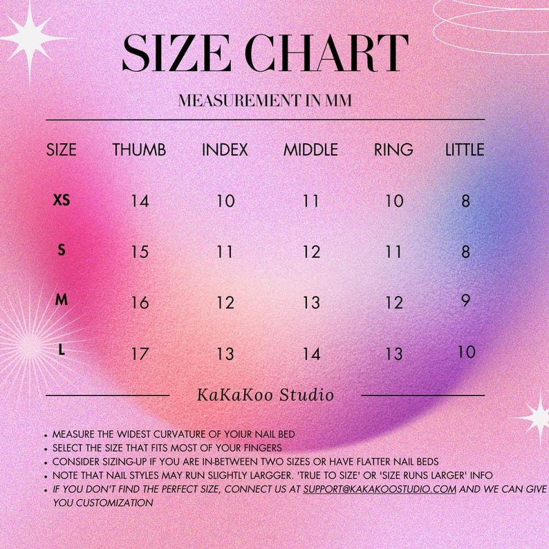 May include: A size chart for nails, with measurements in millimeters. The chart includes sizes XS, S, M, and L, with corresponding thumb, index, middle, ring, and little finger measurements. The text "SIZE CHART" is at the top.