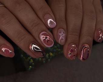 Extra Short Round Nails, Pink Chrome Handmade Press On Nails, Pattern Short Nails, Handmade Gel Nails, Girl Gift, Faux Ongles, Summer Nails