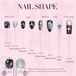 May include: A nail shape guide featuring eight press-on nail samples labeled by length and style, including squoval at 15.5mm, extra short round at 17.5mm, short round at 19mm, short almond at 20mm, medium square at 20mm, medium almond at 25mm, stiletto at 31mm, and long square at 31mm.