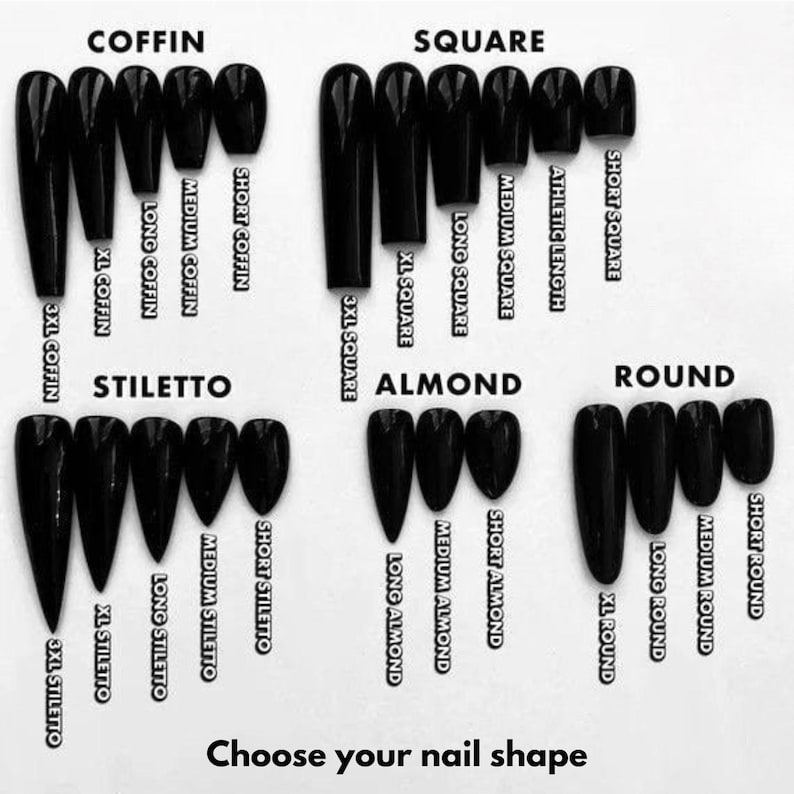 May include: A variety of black artificial nails in different shapes, including coffin, square, stiletto, almond, and round. Each shape is labeled with its name and length, such as "XL Coffin" and "Short Square." The text "Choose your nail shape" is at the bottom.