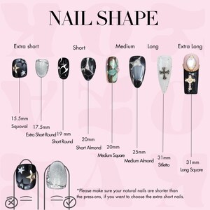 May include: An illustration showcasing various nail shapes, including extra short, short, medium, long, and extra long. Each nail shape is displayed with its corresponding length in millimeters, such as 15.5mm Squoval and 31mm Long Square. The text "NAIL SHAPE" is at the top.