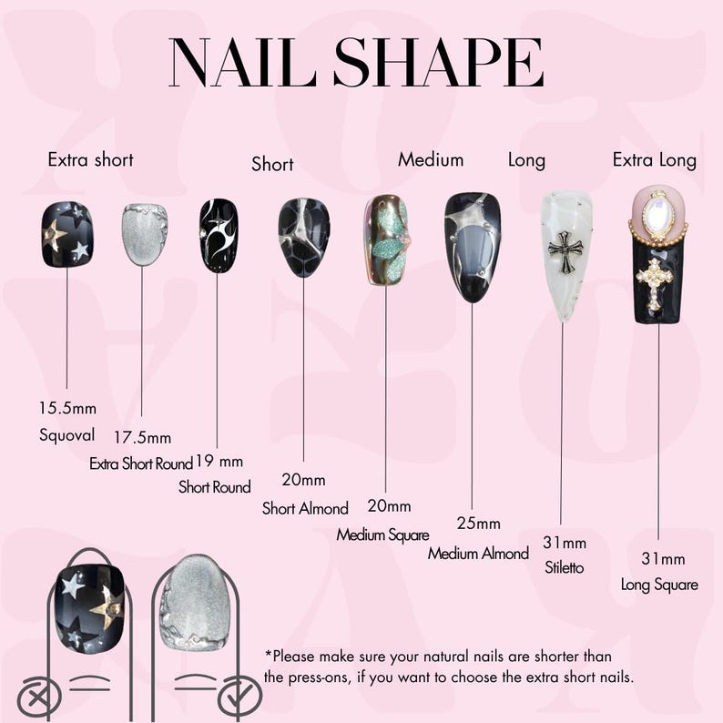 May include: An illustration showcasing various nail shapes, including extra short, short, medium, long, and extra long. Each nail shape is displayed with its corresponding length in millimeters, such as 15.5mm Squoval and 31mm Long Square. The text "NAIL SHAPE" is at the top.