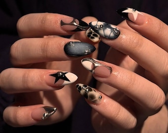 Gothic Deep Blue Painted Handmade Press-On Nails, Medium Almond Gel Nail Art, Y2K Nails