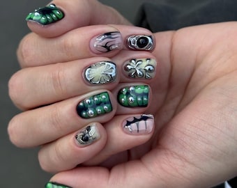 Custom Design Chrom Lackierte Press-On Nägel, Extra Kurze Squoval Gel Nail Art, Gothic Nägel
