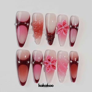 3D Flower Long Almond Press On Nails, Floral Handmade Gel False Nails for Birthday Event Party Holiday Vacation, Spring Nails| Pink flower