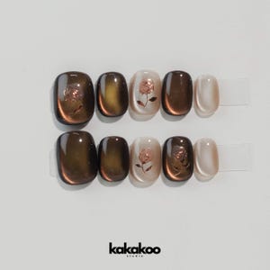 Custom Cat Eyes Press-On Nails, Brown Rose nails, Gift nails gel nails,  girl gift, birthday gift, Brown Nails, Short Nail, Nail lover gift