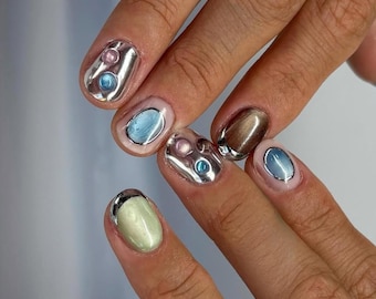 Uñas postizas azules estilo ojo de gato extra cortas con forma cuadrada redondeada, hechas a mano, uñas de gel hechas a mano, uñas 3D, regalo para ella, uñas de primavera