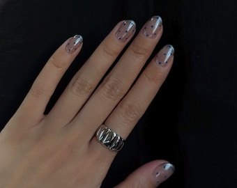 Silber Blau Polka Dot extra kurze Runde handgemachte Press-On Nägel, Polka dot Nägel, Kurze Nägel, Edelsteine Nägel, Hochzeitsnägel