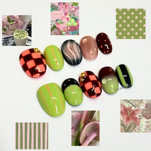Pattern Extra Short Nails, Extra Short Round Nails, Super Short Nails, Golden Pink Handmade Press-On Nails, Summer Nails image 6