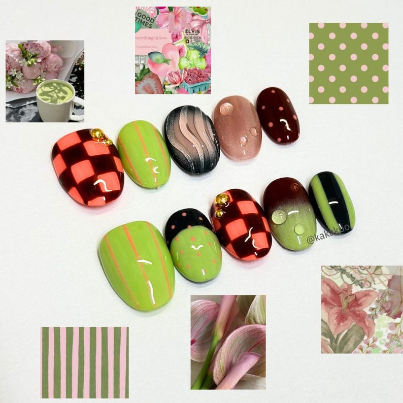 Pattern Extra Short Nails, Extra Short Round Nails, Super Short Nails, Golden Pink Handmade Press-On Nails, Summer Nails image 6