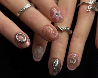 Uñas redondas extra cortas, uñas postizas hechas a mano en color rosa cromado, uñas cortas con diseño, uñas de gel hechas a mano, regalo para niña, uñas postizas, uñas de verano