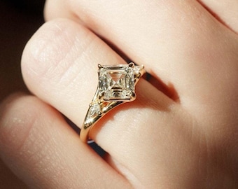 Asscher Cut Lab Grown Diamond Engagement Ring: Kite Side Stones, Anniversary Ring, IGI Certified