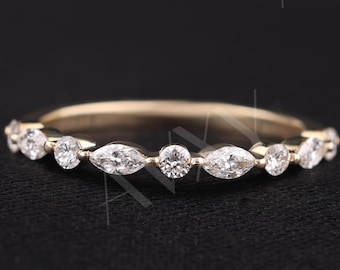 Anillo de boda de diamantes cultivados en laboratorio con corte marquesa y redondo de 2 mm, anillo de media eternidad, anillo apilable, anillo de boda con engaste de garras compartidas.
