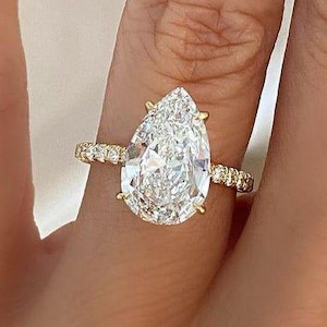 Pear 4ct Lab Grown Diamond Solitaire Pave Straight Shank Engagement Ring Big Solitaire Ring Birthday Gift Ring Promise Ring Proposal Ring