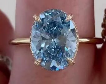 Oval Fancy Blue Lab Grown Diamond Engagement Ring: Hidden Halo, Silver