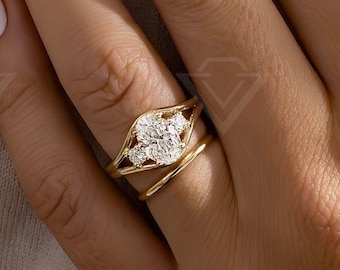 Oval Lab Grown Diamond Three Stone Engagement Ring, 2.5ct IGI Certified Wedding Band