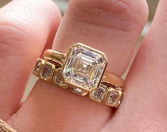 Asscher Cut 2.71ct Lab Grown Diamond Engagement Ring: Full Bezel, Minimalist 925 Silver