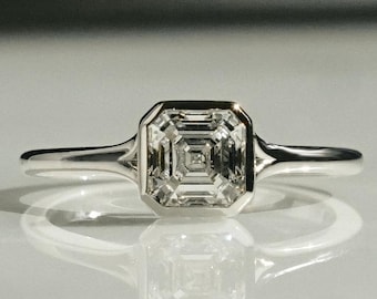 Asscher Cut 2ct Lab Grown Diamond Engagement Ring: Full Bezel, Sterling Silver