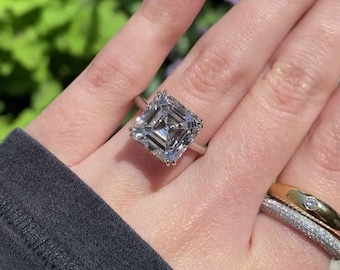 Asscher Cut 3.0ct Lab Grown Diamond Engagement Ring: Half Bezel, Silver or Gold