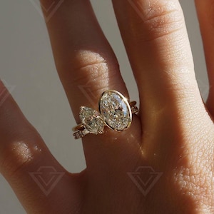 Duo ovale 2 tcw diamants cultivés en laboratoire Toi et Moi Bague de fiançailles Bague de mariage classique Bague cadeau Bridsmade Bague d'anniversaire certifiée IGI