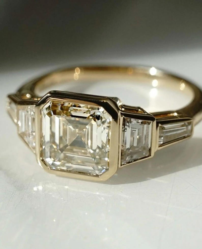 Anillo Asscher de 3,0 quilates de diamantes de laboratorio, engaste completo, cinco piedras, anillo de bodas Forever, anillo con piedra lateral, certificado IGI imagen 2
