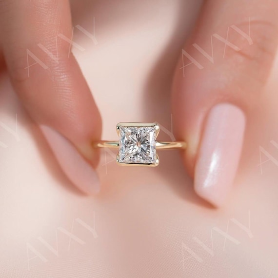 Princess Cut Lab Grown Diamond Engagement Ring Half Bezel