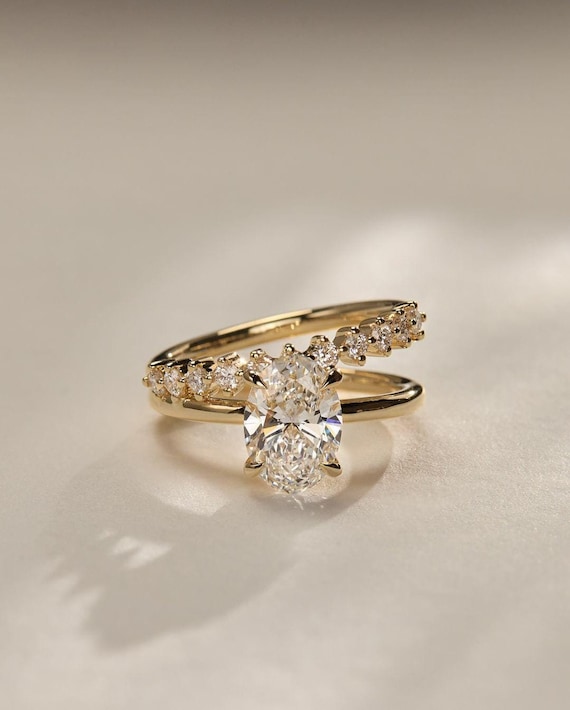 Oval Lab Grown Diamond Engagement Ring: Hidden Halo Pave Double BandIGI Certified