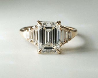 Emerald Cut 3.0ct Lab Grown Diamond Engagement Ring, IGI Certified Side Stone Ring