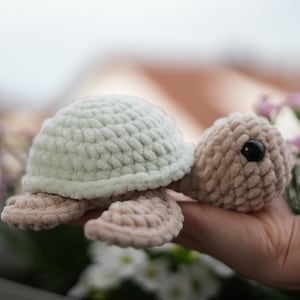 Könnte beinhalten: Ein gehäkeltes Plüsch-Schildkrötenspielzeug mit einer hellgrünen Schale und einem hellbraunen Körper. Die Schildkröte hat schwarze Augen und wird in einer Hand gehalten.