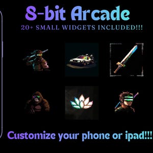 May include: A digital theme pack titled 8-bit Arcade with 20+ small widgets included. The display shows a smartphone interface with dark icons, pixelated character graphics, a sword, a car, a gorilla, and a lotus flower on a black background.