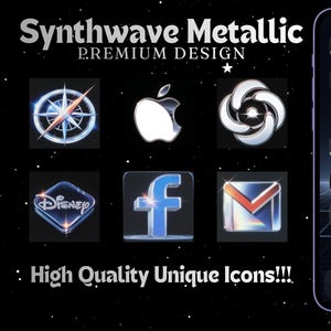 May include: A digital collection of Synthwave Metallic Premium Design app icons featuring a chrome-like aesthetic. The set includes various social media and utility logos displayed on a smartphone screen against a dark, starry background with grid lines.