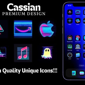 May include: A smartphone with a blue gradient screen displays custom app icons with a neon retro design. The icons include Airbnb, Amazon, Apple, Disney+, a musical note, and a ghost. The text "Cassian PREMIUM DESIGN" is at the top.